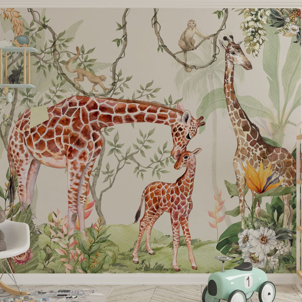 Green savanna wallpaper with giraffe family for kids bedroom by Igibee