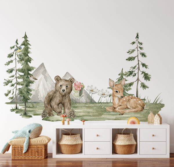 Forest animals wall stickers showing woodland wall decals with mountains and trees as woodland nursery wall decor for baby room