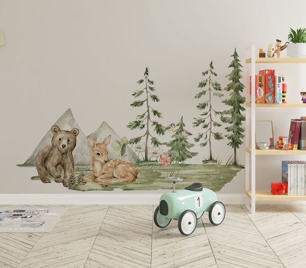 neutral nursery wall stickers, boho nursery wall decals, scandinavian nursery wall decor, baby room wall decals animals, forest theme kids room decor, woodland playroom wall decals, animal wall art for nursery, removable wall stickers for kids, peel and stick nursery wall decals,