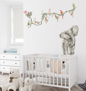 Nursery room with safari walldecals - 100 cm Elephant sticker, monkeys and parrots
