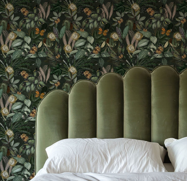 Botanical wallpaper detail with butterflies and leaves by Igibee