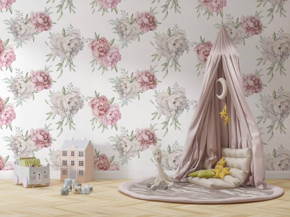 White and pink peonies wallpaper by Igibee