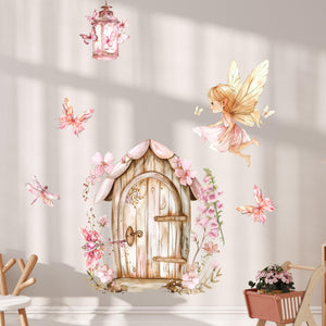 Pink fairy wall decals peel and stick – magical scene with two fairies, unicorn, enchanted wooden door, flowers and mushrooms. Ideal removable wall mural for toddler girls room and baby nursery.