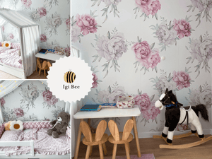 White and pink peonies wallpaper detail by Igibee