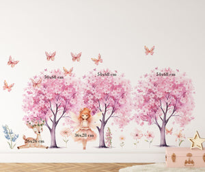 Pink blooming trees, fairy and deer wall decals set by Igibee