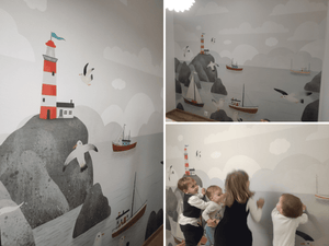 Seaport wallpaper illustration with ships and lighthouse by Igibee