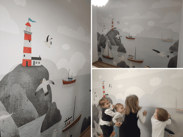 Seaport wallpaper illustration with ships and lighthouse by Igibee