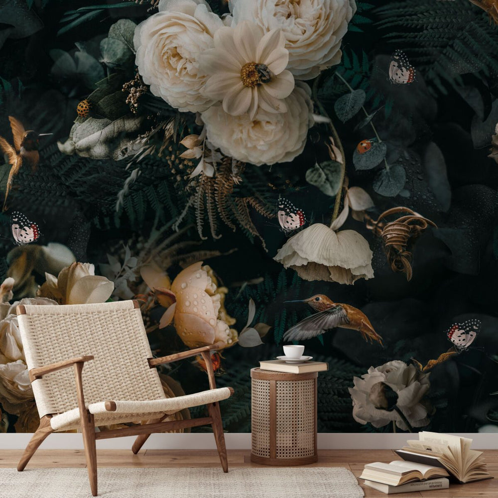 Roses realistic dark floral wallpaper mural by Igibee