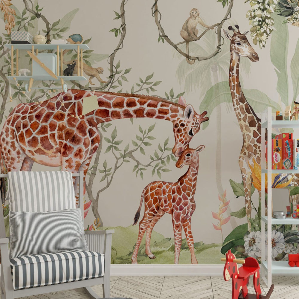 Giraffe family savanna wallpaper in nursery room by Igibee