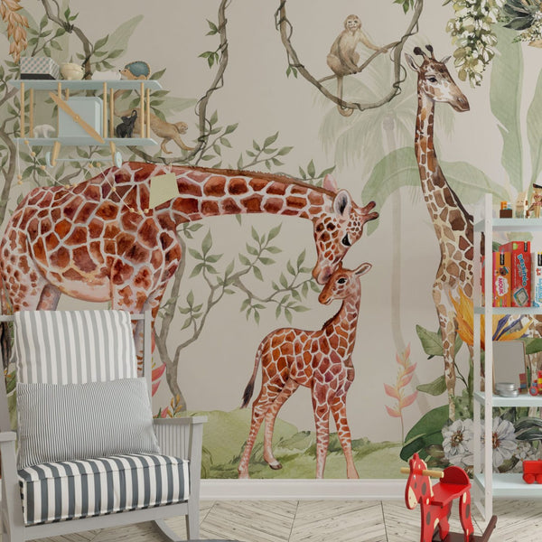 Safari giraffe wallpaper for nursery and kids room by Igibee
