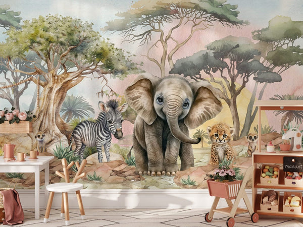 Baby savanna animals wallpaper with elephant and zebra for kids room by Igibee