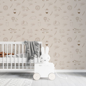 Beige safari jungle animals wallpaper for kids room by Igibee