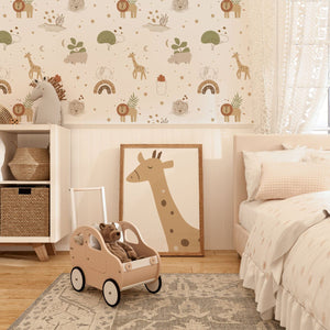 Cartoon safari wallpaper detail with lions and giraffes by Igibee
