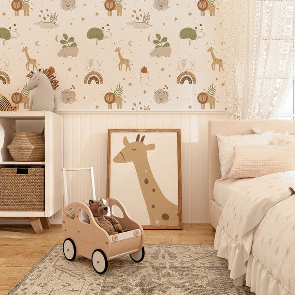 Cartoon safari wallpaper detail with lions and giraffes by Igibee
