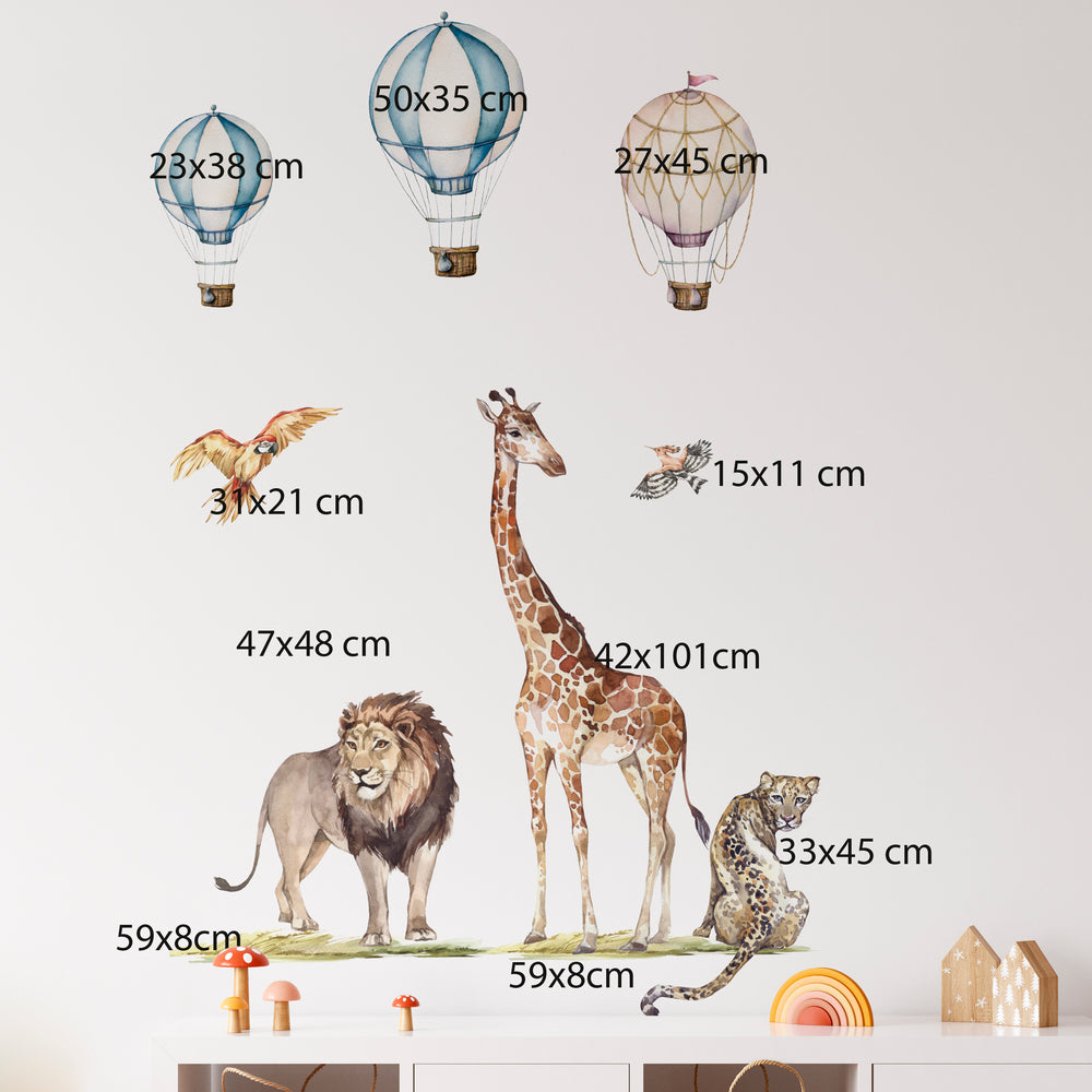 Wall stickers of a lion, leopard, and giraffe in kids room. Wall decals for toddler bedroom
