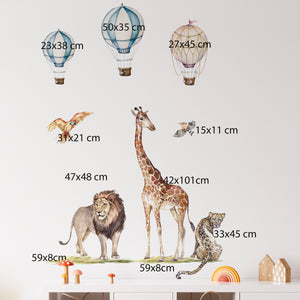 Set of animal and hot air balloon wall stickers with dimensions on a white background