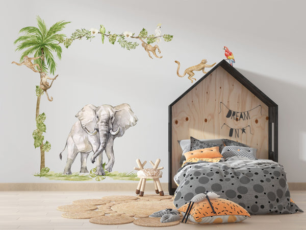 Safari Nursery Wall Decals Elephant with monkeys by Igibee