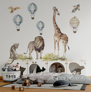 Safari wall stickers with giraffe hot air balloon lion and gepard. Wall stickers for kids room that is great idea for a gift