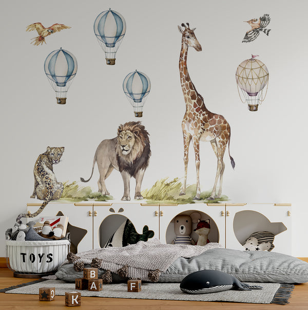 Safari wall stickers with giraffe hot air balloon lion and gepard. Wall stickers for kids room that is great idea for a gift