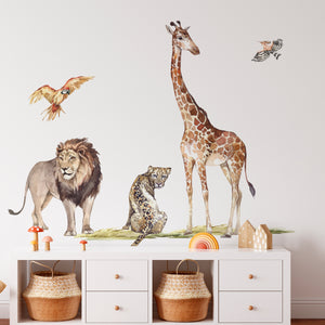 Wall stickers of a lion, leopard, and giraffe in kids room. Wall decals for toddler bedroom

