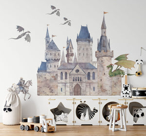 Watercolor dragon and castle wall decal set with element dimensions
