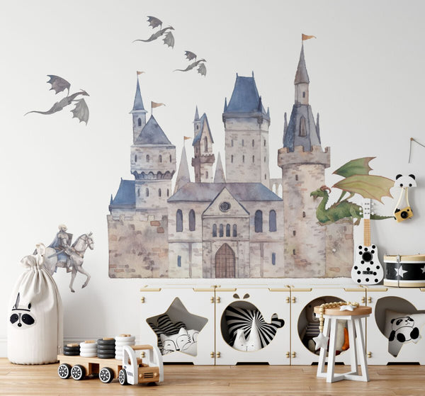 Watercolor dragon and castle wall decal set with element dimensions