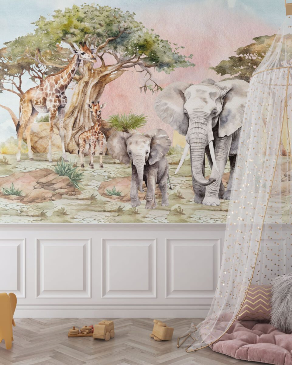 Safari wallpaper for children with elephants and giraffes by Igibee