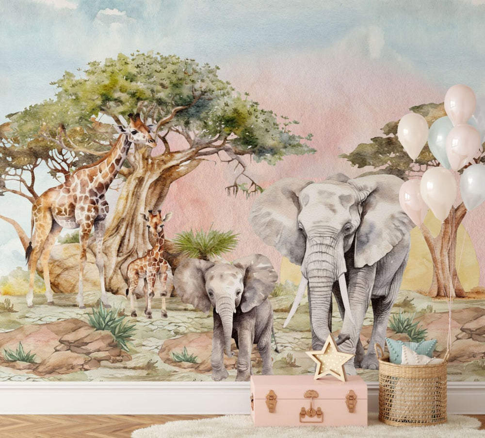 Safari wallpaper for children with elephants and giraffes by Igibee