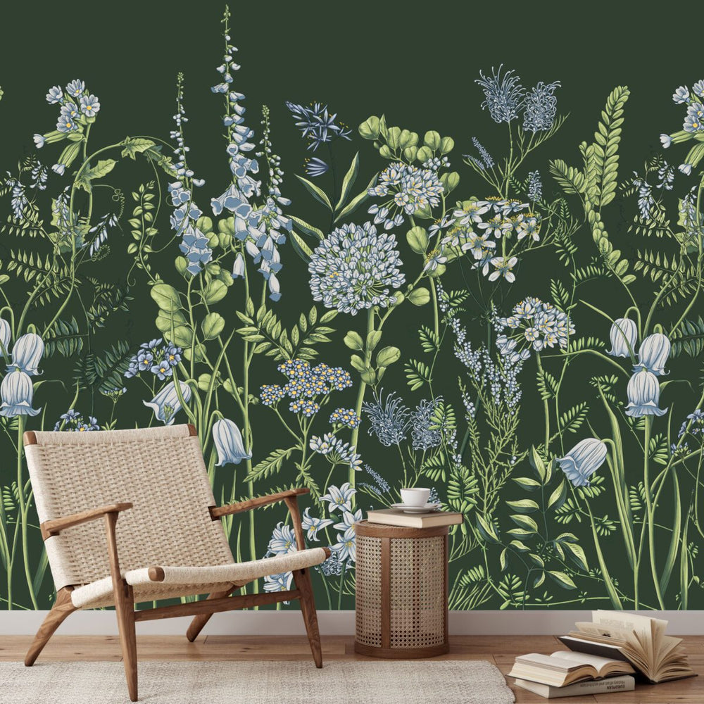 Flower meadow wallpaper in green tones by Igibee