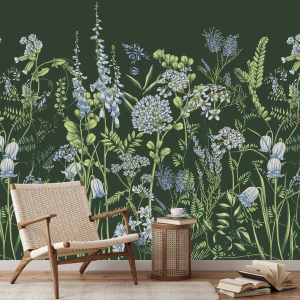 Flower meadow wallpaper in green tones by Igibee