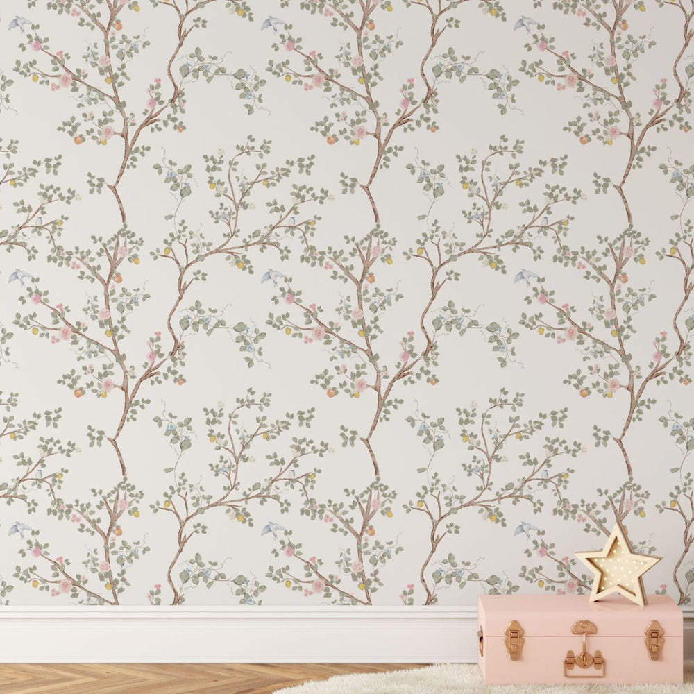 Vintage chinoiserie watercolor branches and birds wallpaper by Igibee
