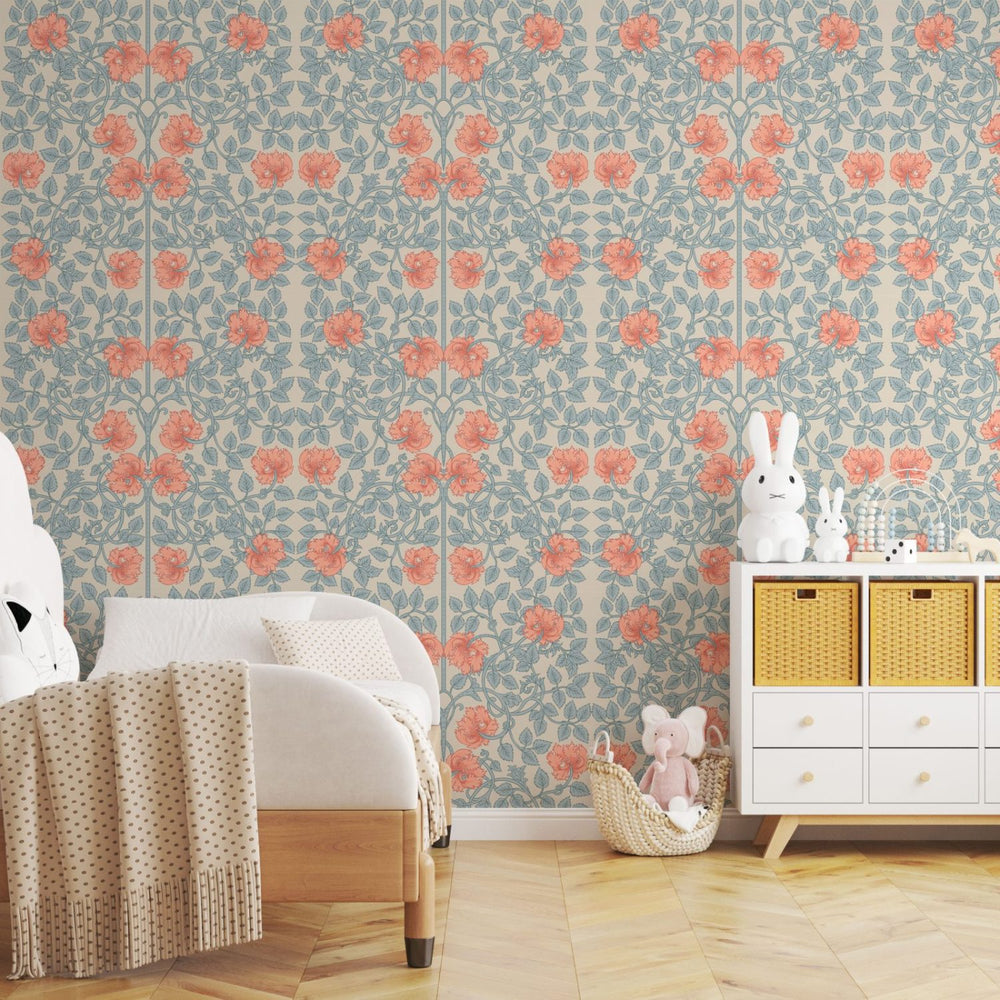 Rustic roses beige floral wallpaper by Igibee