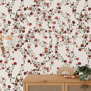 Red botanical floral wallpaper mural by Igibee