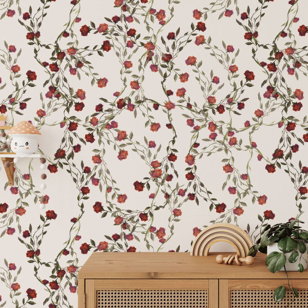 Red botanical floral wallpaper mural by Igibee