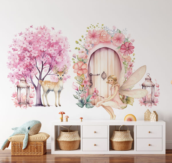 Fairy wall stickers with pink blooming tree in a girl's room by Igibee