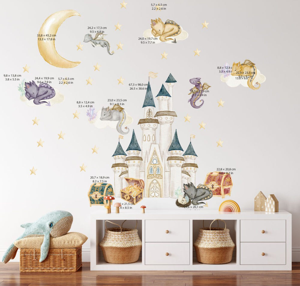Dragons and castle wall decals in a kids room – fantasy castle, dragons, moon and stars