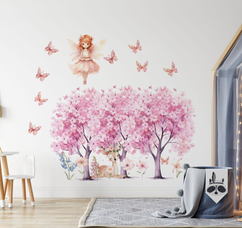 Rosa Kirschbäume und Fee Wandtattoo, Zaubergarten Kinderzimmer-Wandsticker von Igibee