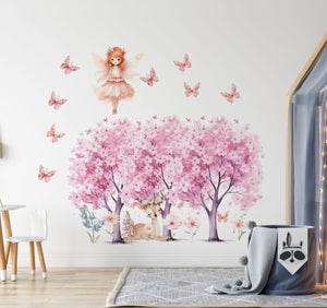 Pink cherry trees and fairy wall decals, enchanted garden nursery wall stickers by Igibee