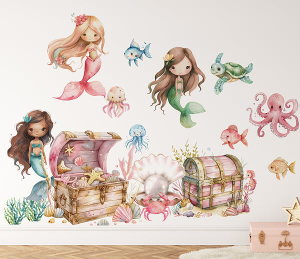 Mermaid Wall Decals – Under the Sea Wall Stickers with Treasure Chests