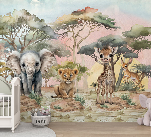 Wall mural with cartoon elephants, lion, giraffe, and baby gazelle for kid's room by Igibee