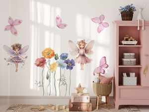 Two magic fairies among colorful flowers and butterflies