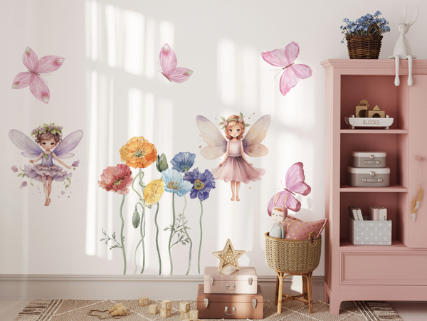Two magic fairies among colorful flowers and butterflies
