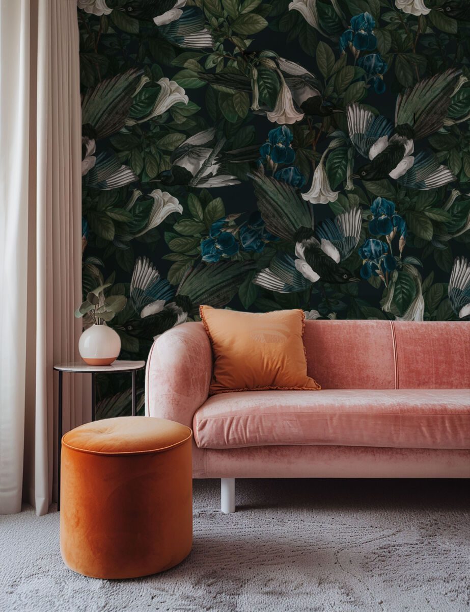 Dark birds and tropical flowers wallpaper by Igibee