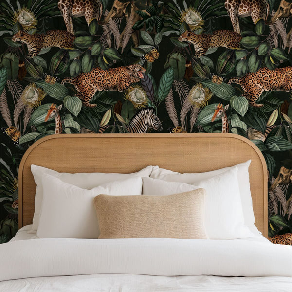 Safari jungle wallpaper detail with giraffes and leopards by Igibee