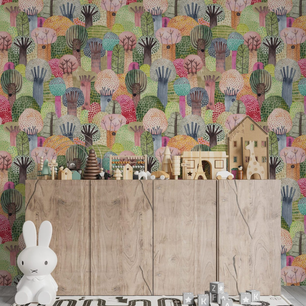 Colorful trees wallpaper for kids room by Igibee