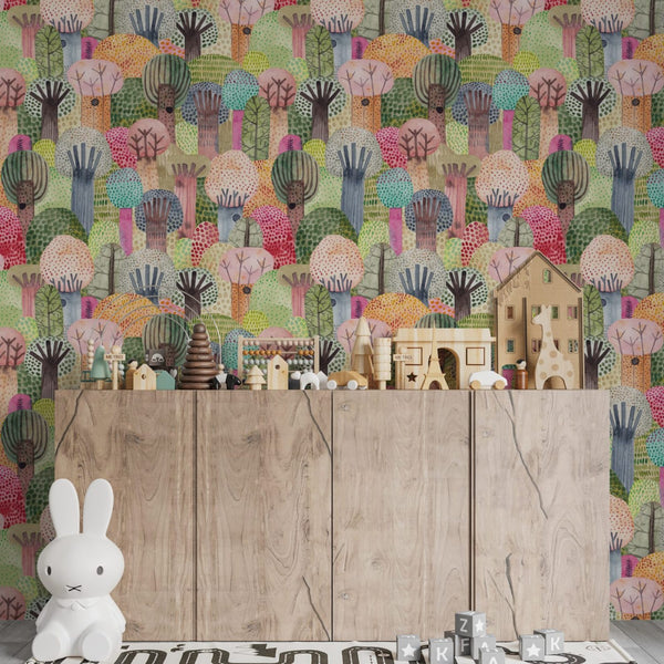 Colorful trees wallpaper for kids room by Igibee