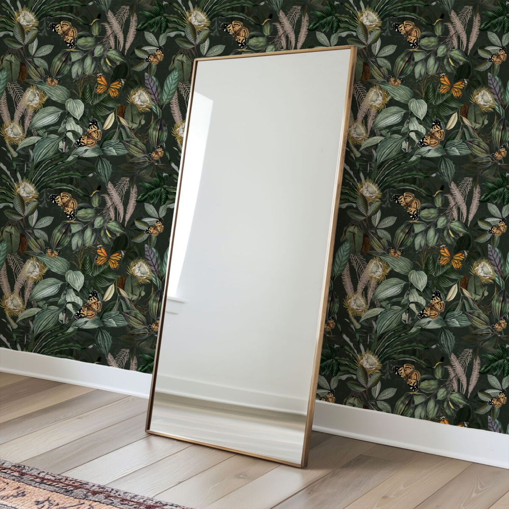 Dark botanical wallpaper with butterflies by Igibee