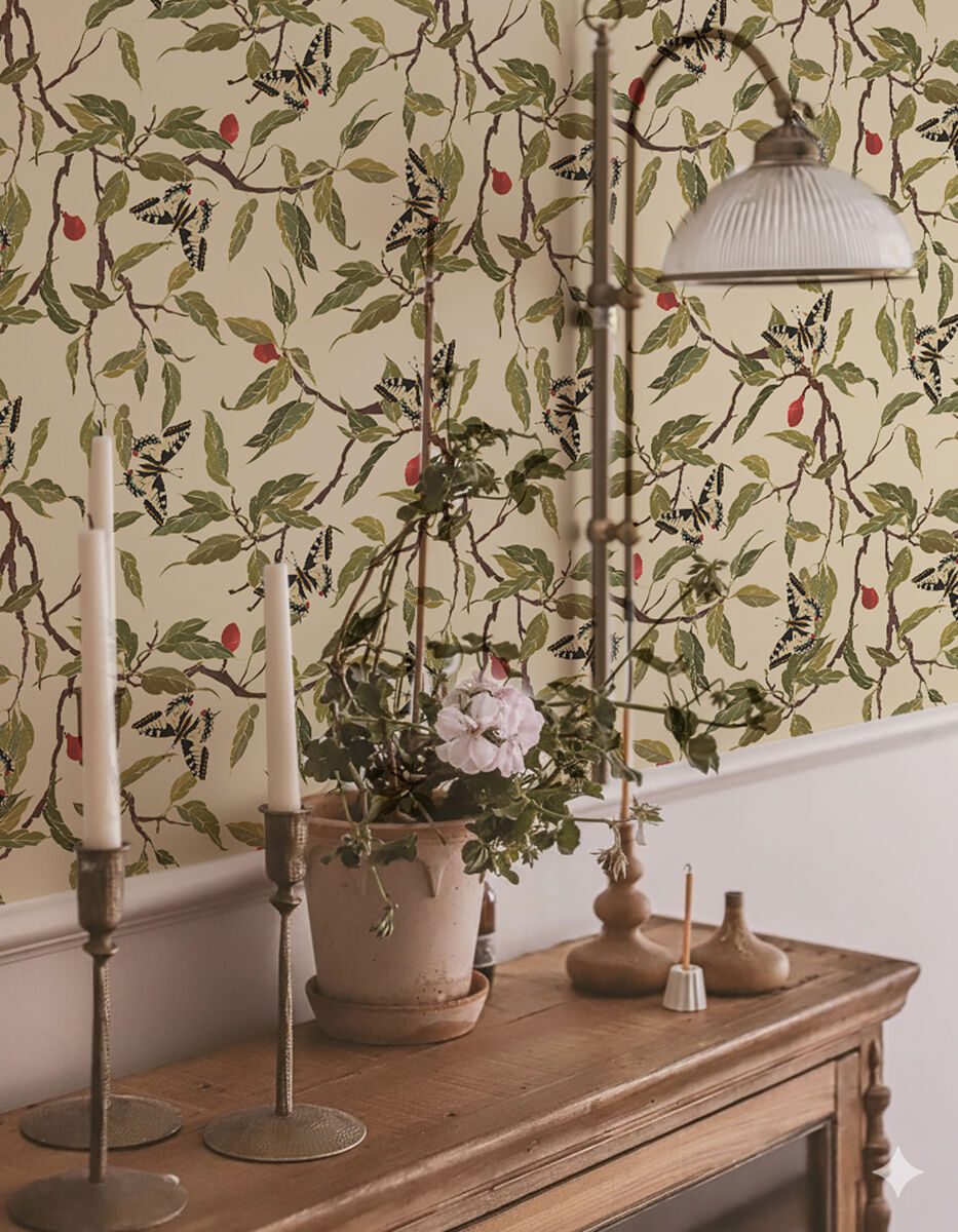 Vintage butterfly wallpaper with botanical garden by Igibee