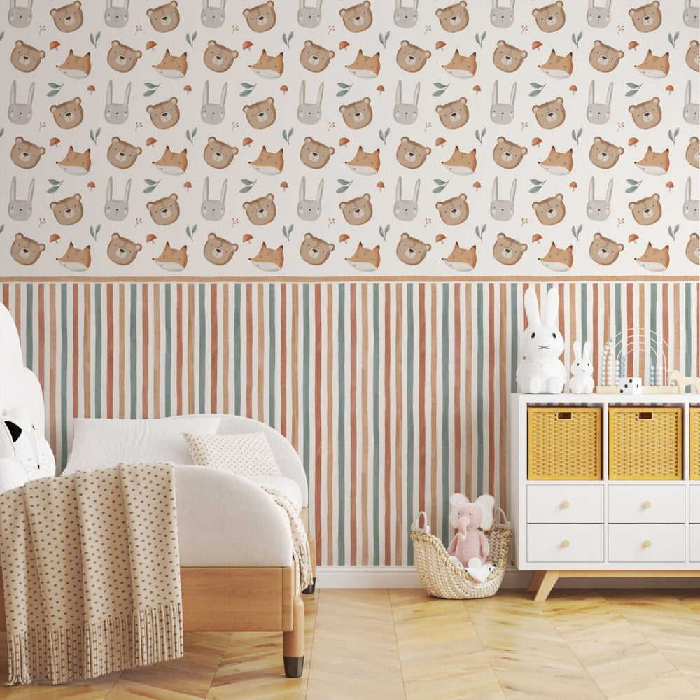 Forest animals wallpaper with stripe border for kids room by Igibee