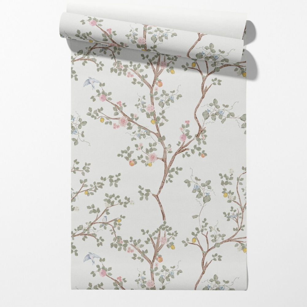 Vintage chinoiserie watercolor branches and birds wallpaper by Igibee